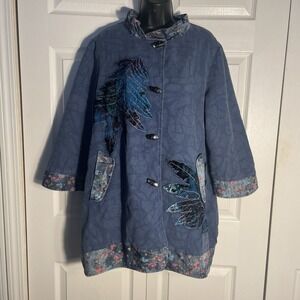 Vintage C.C. Crea Jacket Women XL Blue Linen Blend‎ Embroidered Leaves Button Up